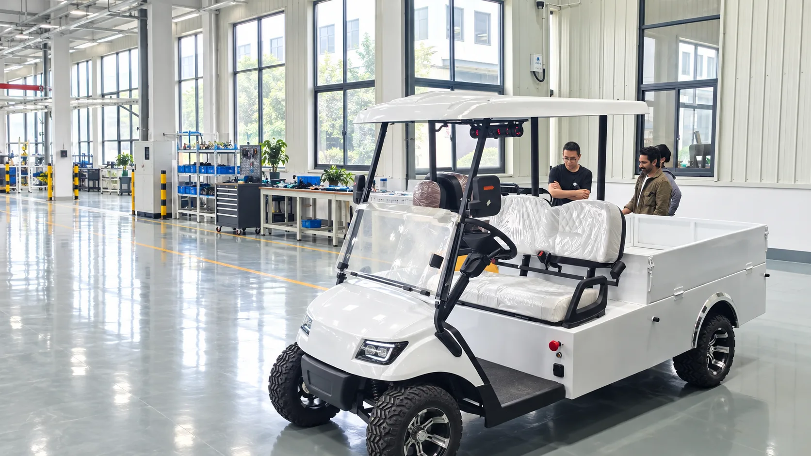 Customer reviewing an Augus vehicle at the factory