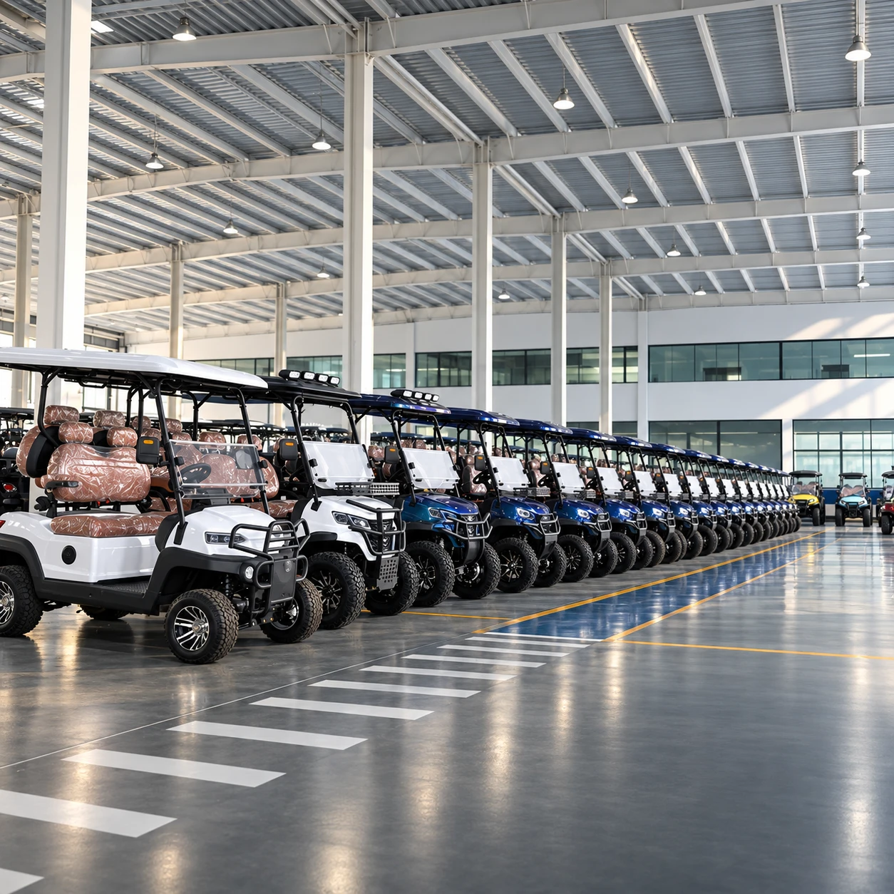 Rows of finished Augus electric vehicles inside the Shandong factory