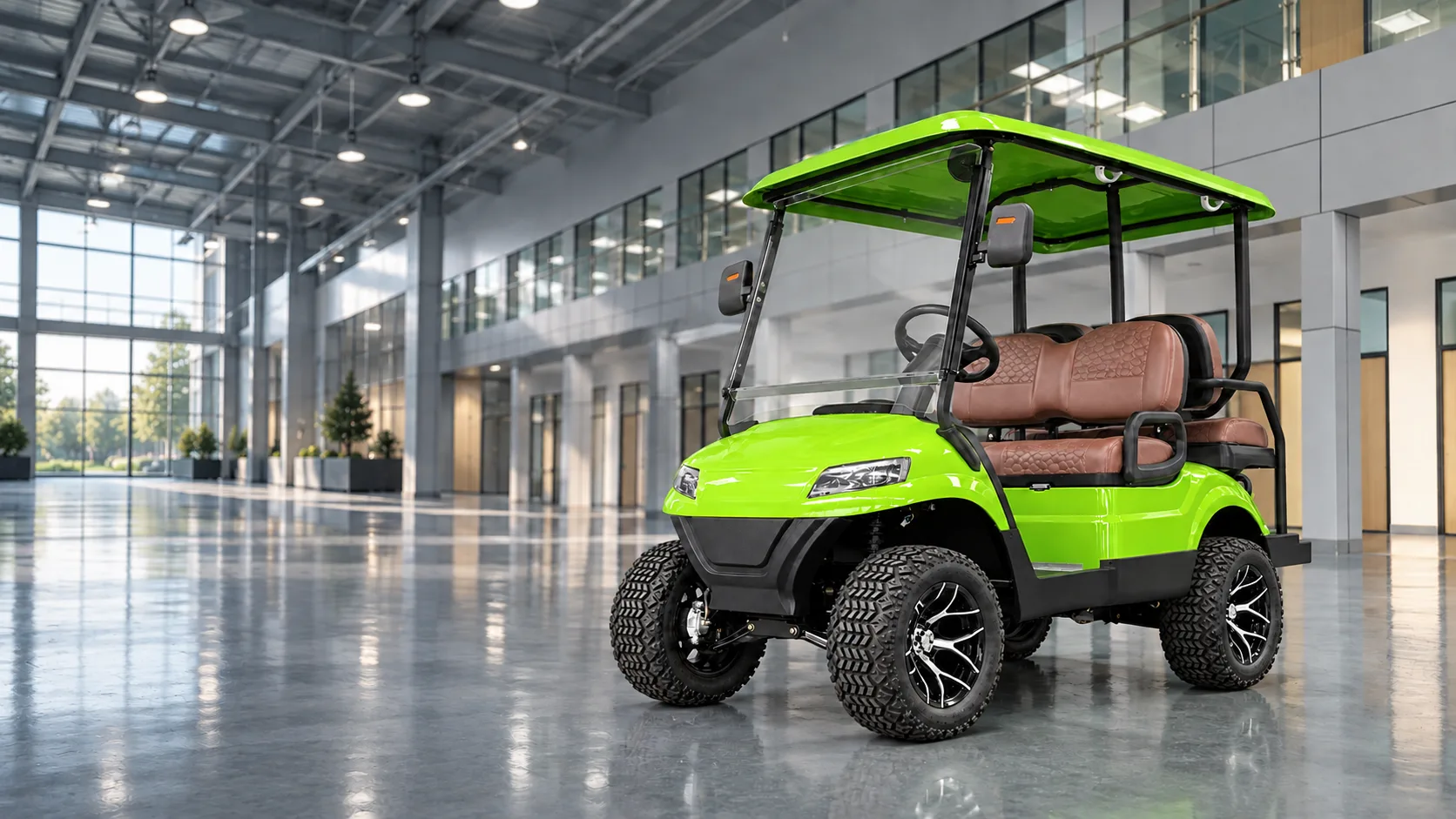 Four-seat Augus electric golf cart in a contemporary production space