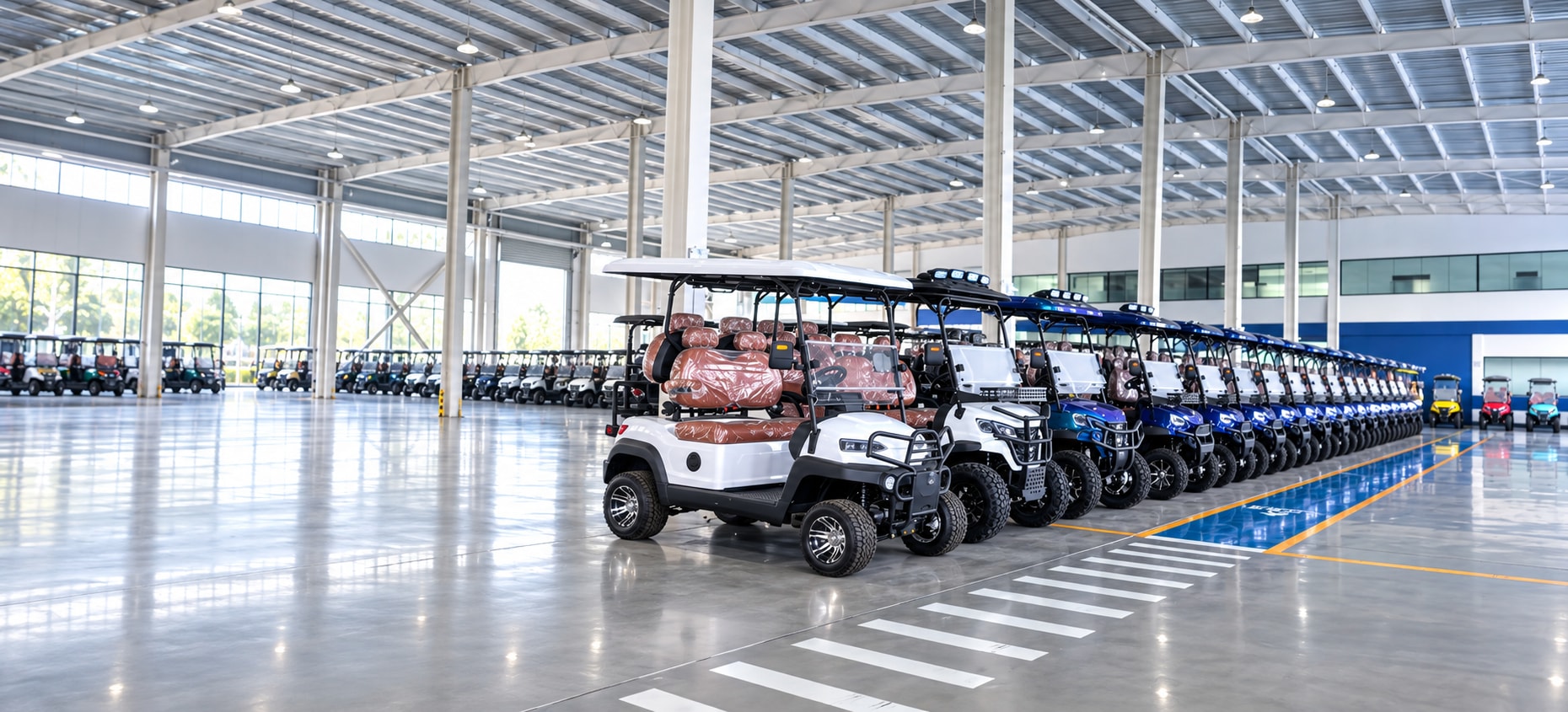 Finished Augus electric vehicles lined up inside the Shandong factory