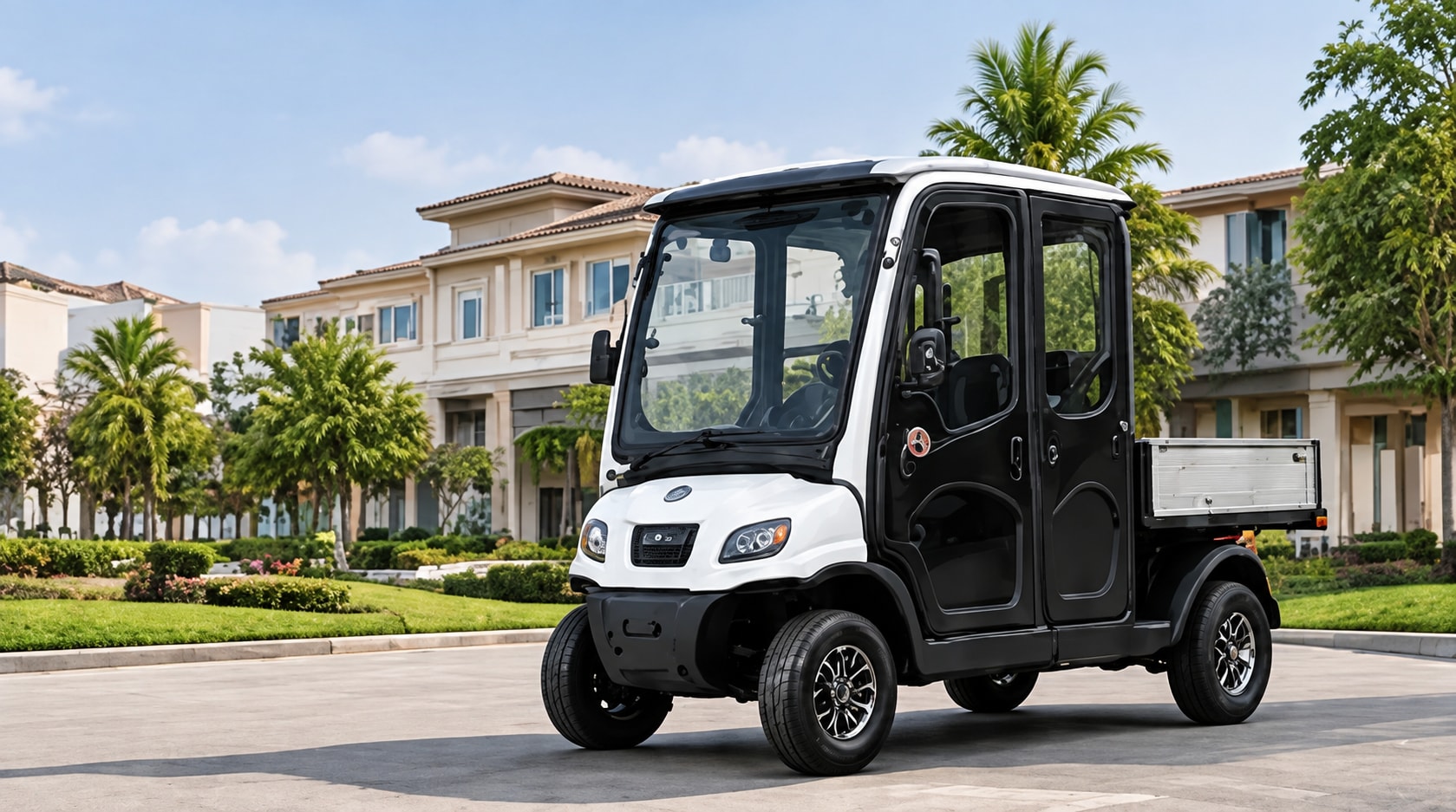 Electric utility vehicles in an outdoor setting — design illustration