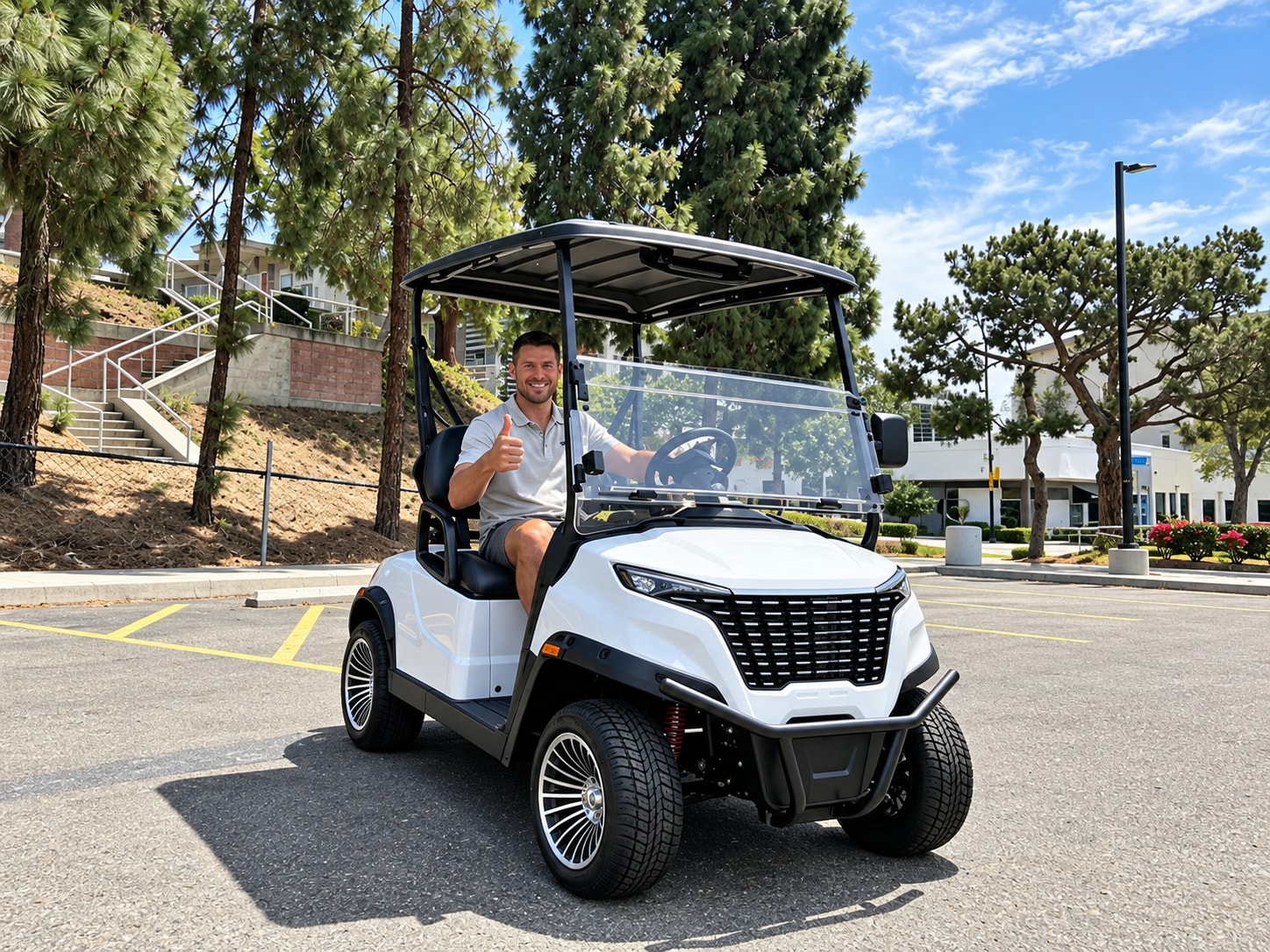 Customer with an Augus electric golf cart