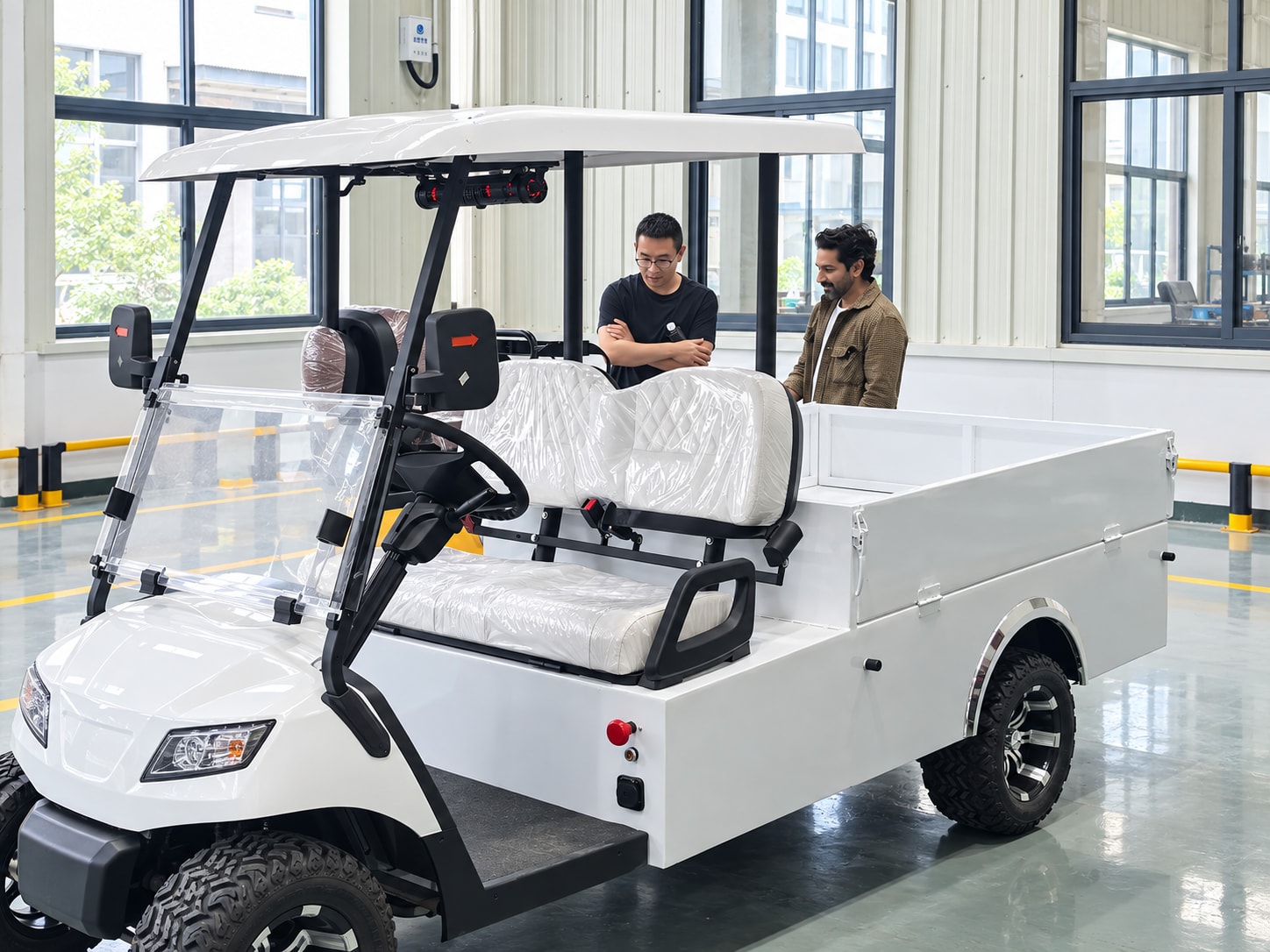 Customer reviewing a utility vehicle at the Augus factory