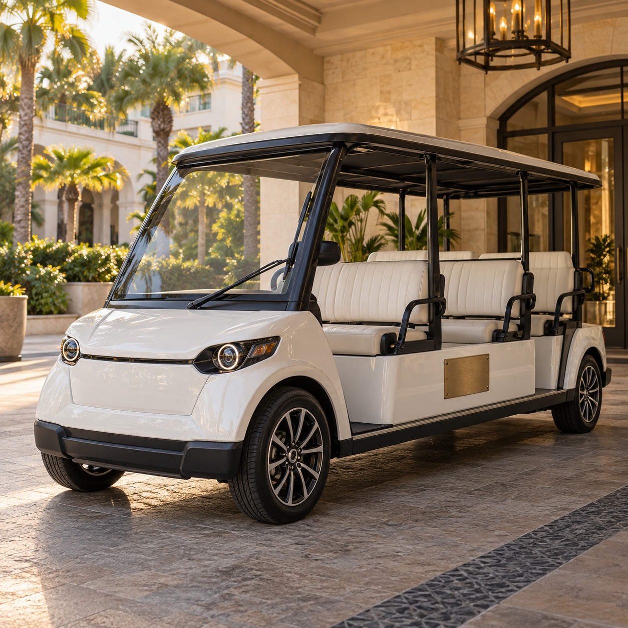 Premium electric resort shuttle with a customizable side emblem panel